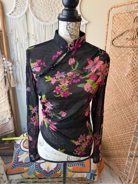 Floral Mandarin Collar Sheer Blouse in Black with Pink & Green